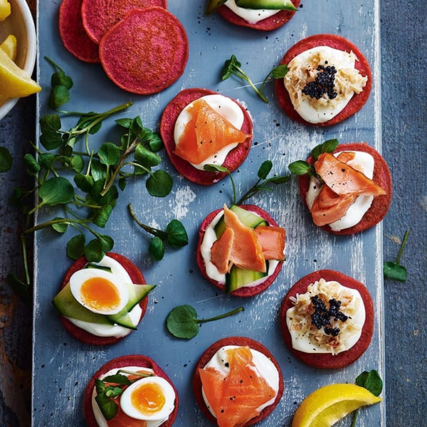 Mini beetroot and horseradish blinis