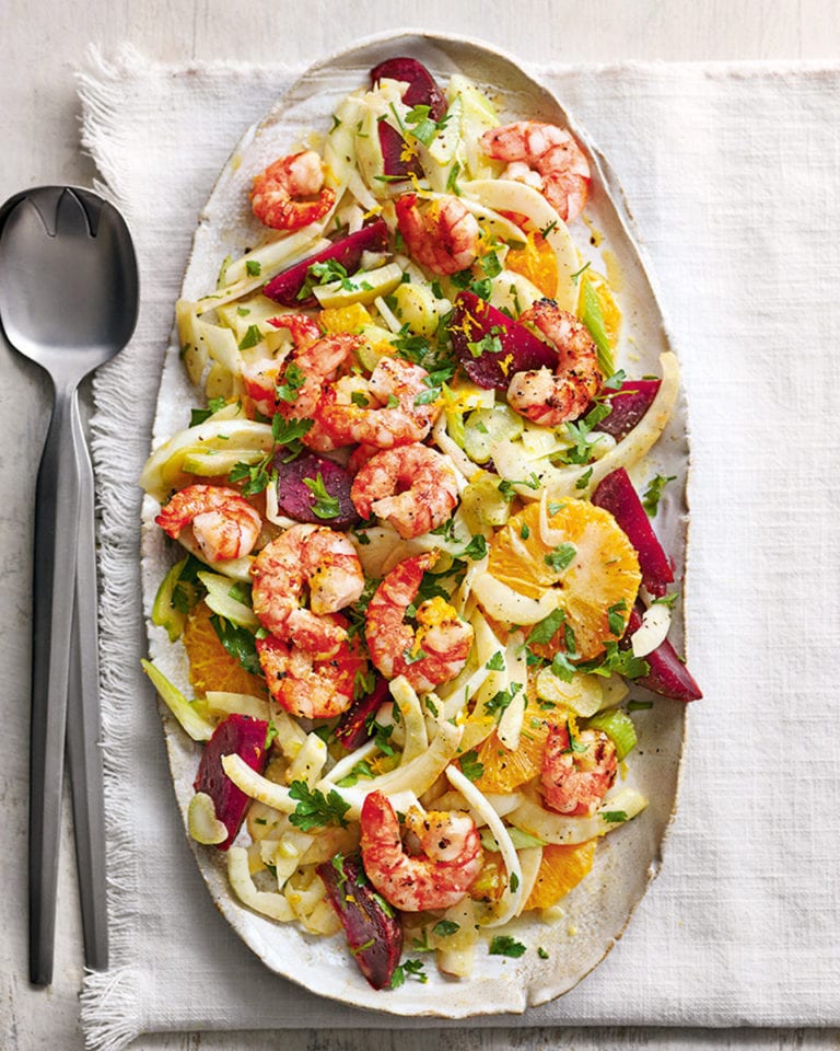 Fennel, beetroot and orange salad with griddled prawns