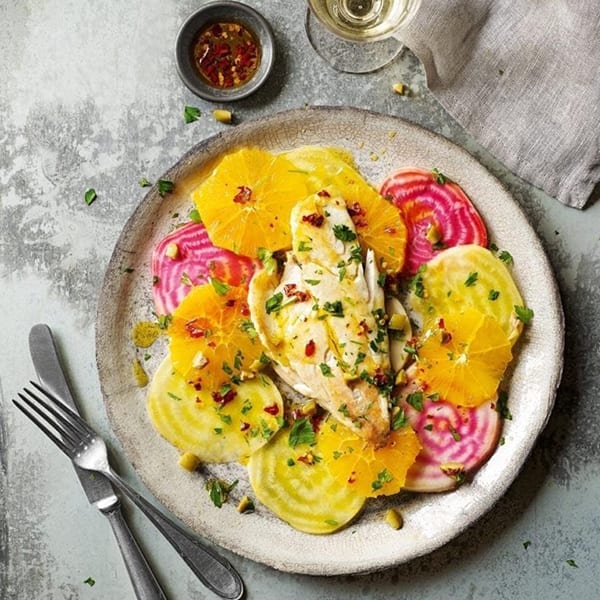 Fish with rainbow beetroot and orange salad