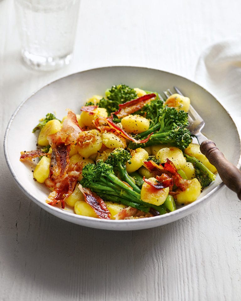 Gnocchi with pancetta and purple sprouting broccoli