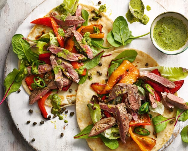 Lamb and pepper flatbreads with caper dressing