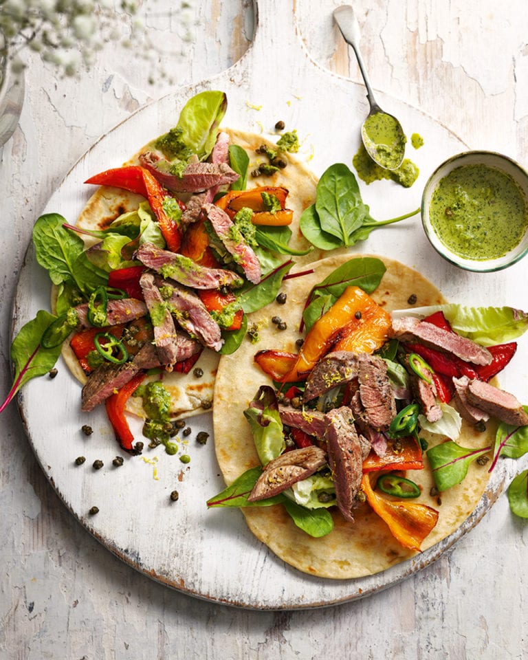 Lamb and pepper flatbreads with caper dressing