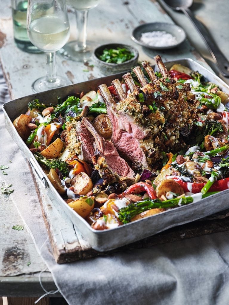 Rack of lamb, potato and pepper tray roast