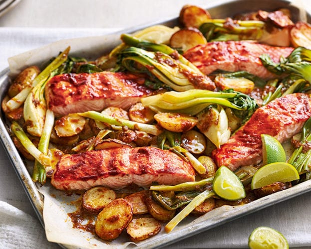 Spicy salmon and new potato traybake