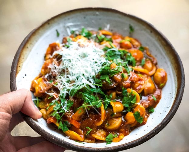 Orecchiette and chickpea tomato soup