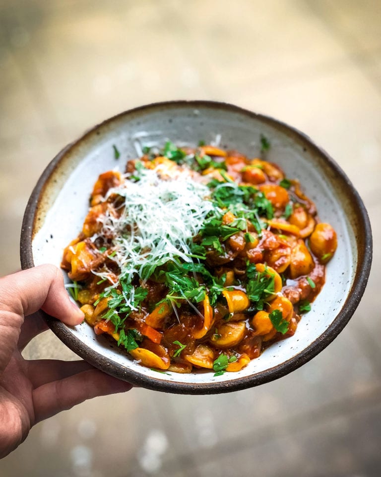 Orecchiette and chickpea tomato soup