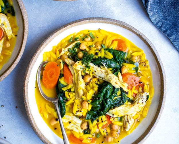 Saffron chicken stew with greens and chickpeas