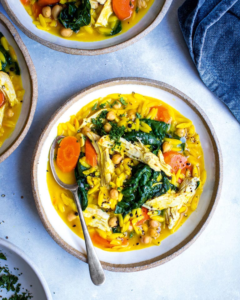 Saffron chicken stew with greens and chickpeas