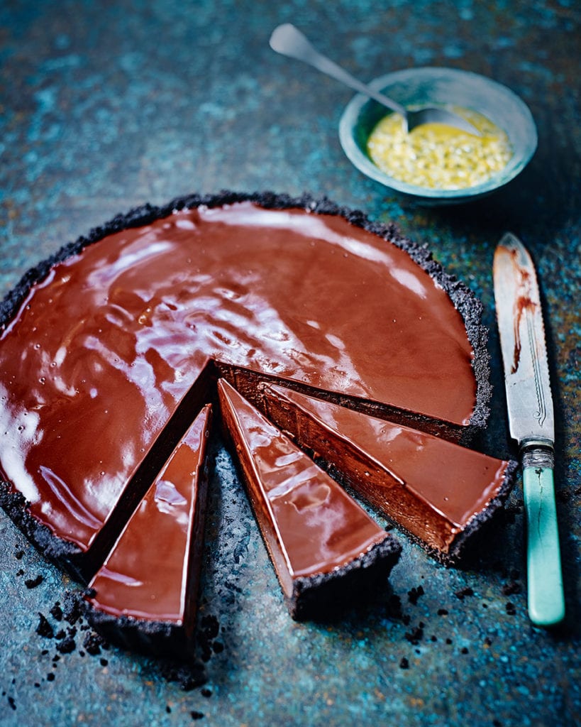 chocolate mousse and passionfruit tart