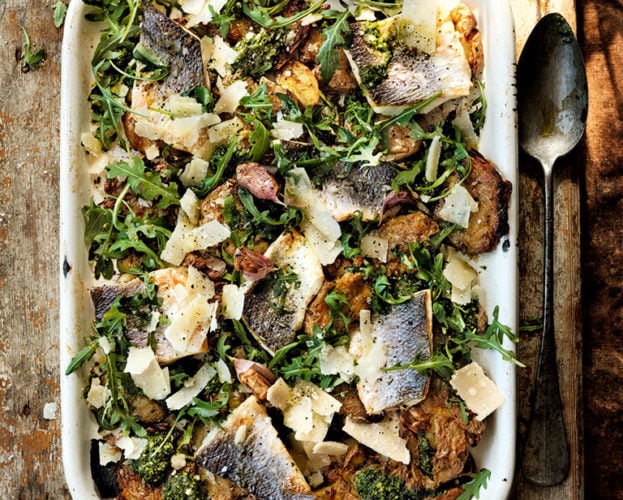 Roast sea bass and potato traybake