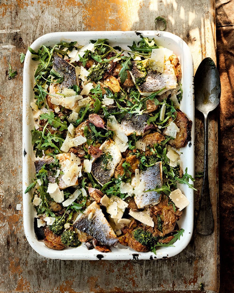 Roast sea bass and potato traybake