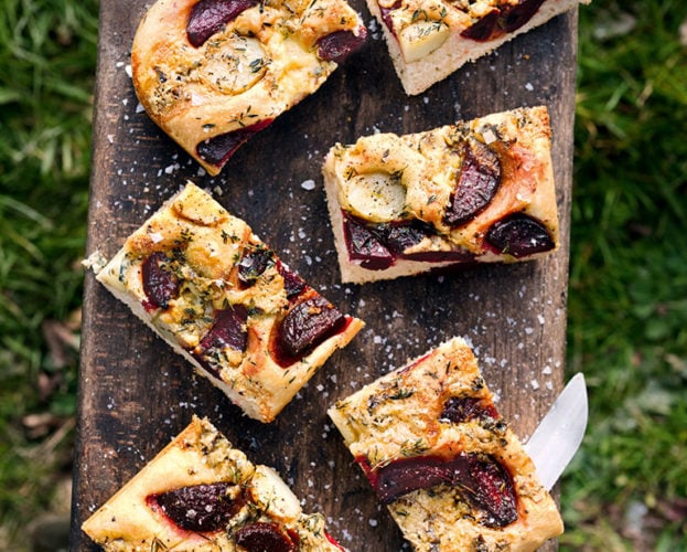 Potato, beetroot and thyme focaccia