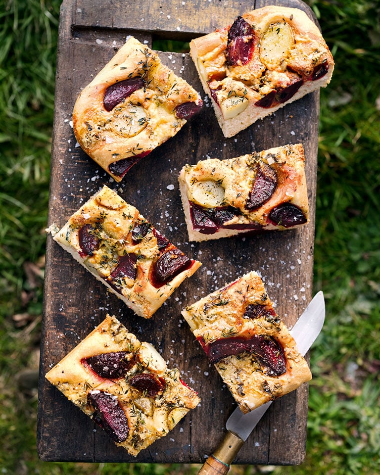Potato, beetroot and thyme focaccia