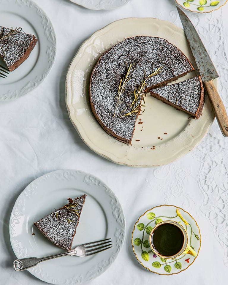 Flourless chocolate, chestnut & rosemary cake