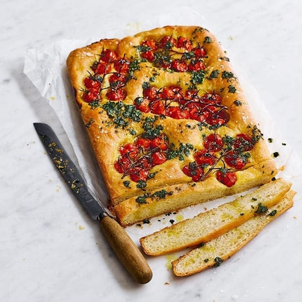 Tomato and basil pesto focaccia