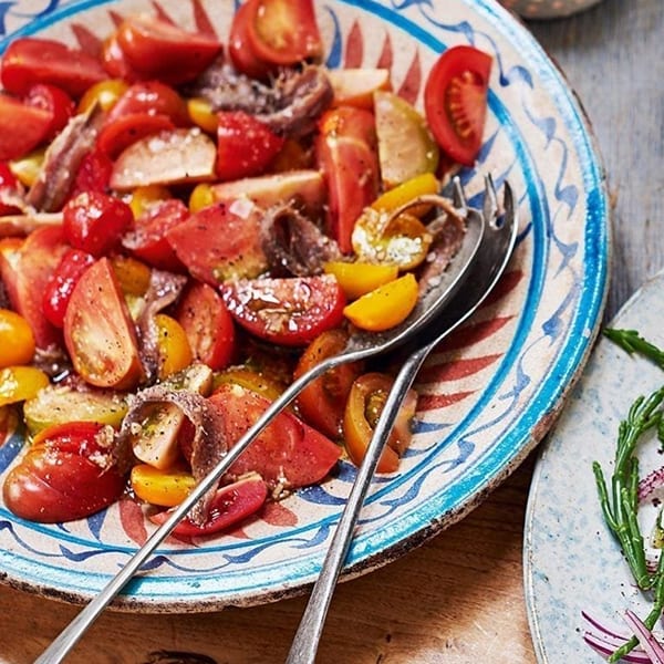 Salted anchovies and heritage tomato salad