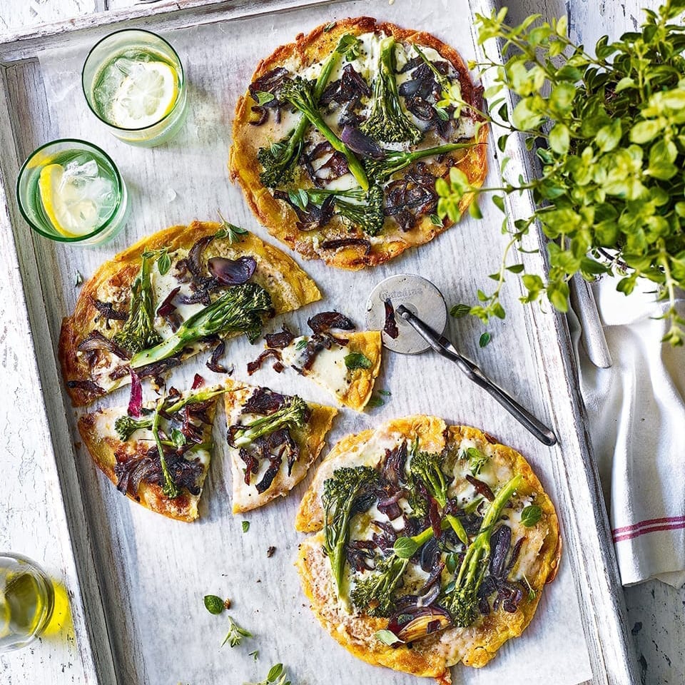 Socca pizzas with taleggio and broccoli