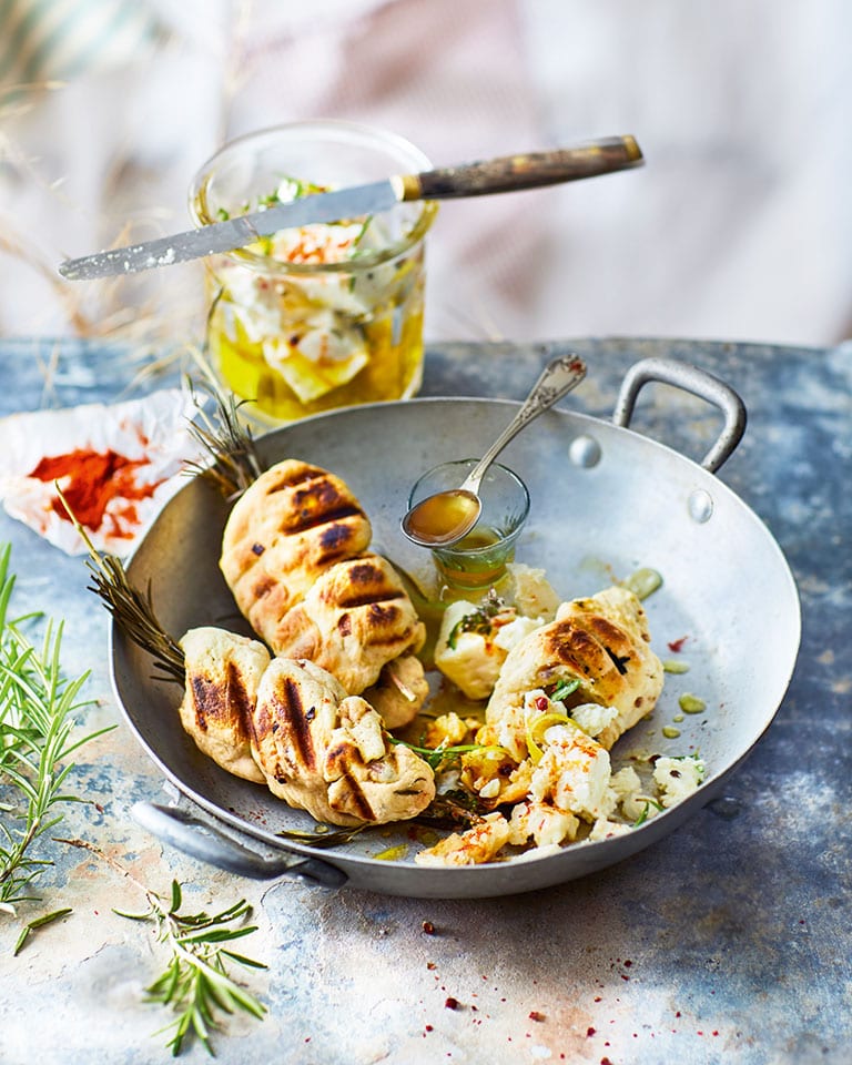 Onion damper bread with marinated feta