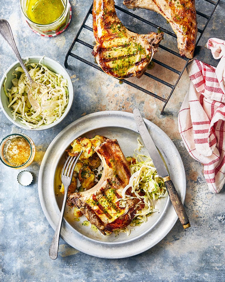 Mustard, honey and lime pork chops with apple slaw