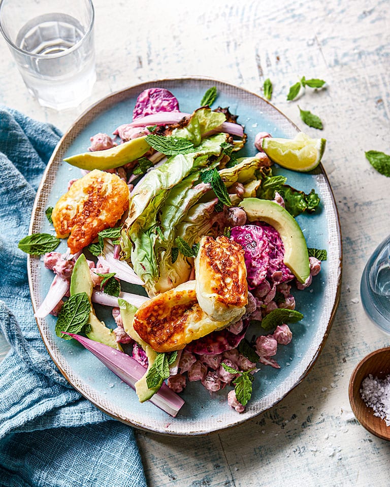 Fried halloumi salad with charred hispi cabbage