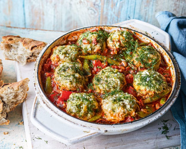 Greek-style casserole with courgette dumplings