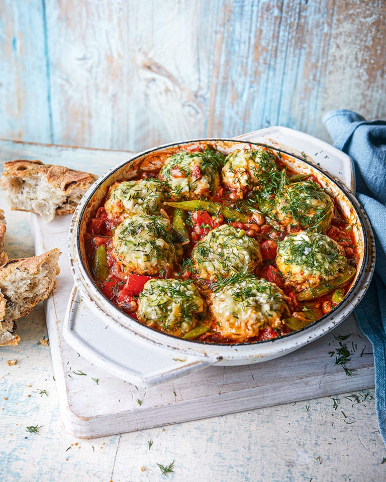 Greek-style casserole with courgette dumplings