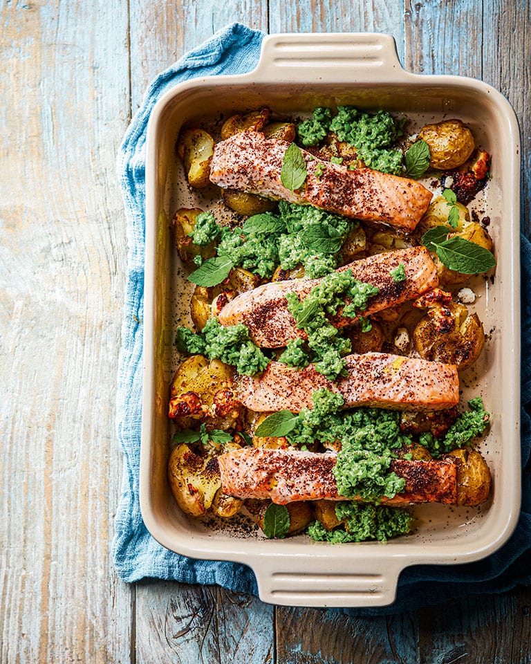 Pan-fried fish with pea guacamole and new potatoes