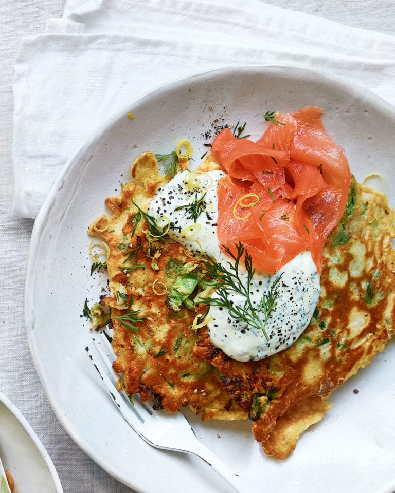 Brussels sprouts pancakes with smoked salmon