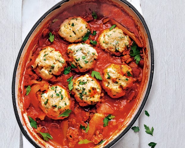 Sausage ragù with dumplings