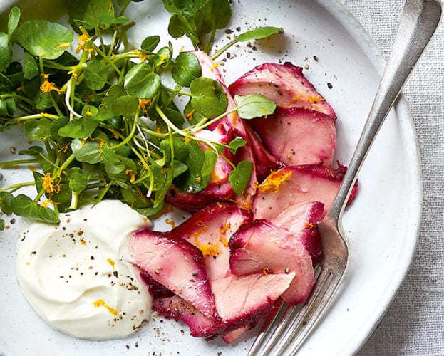 Beetroot-cured salmon with watercress