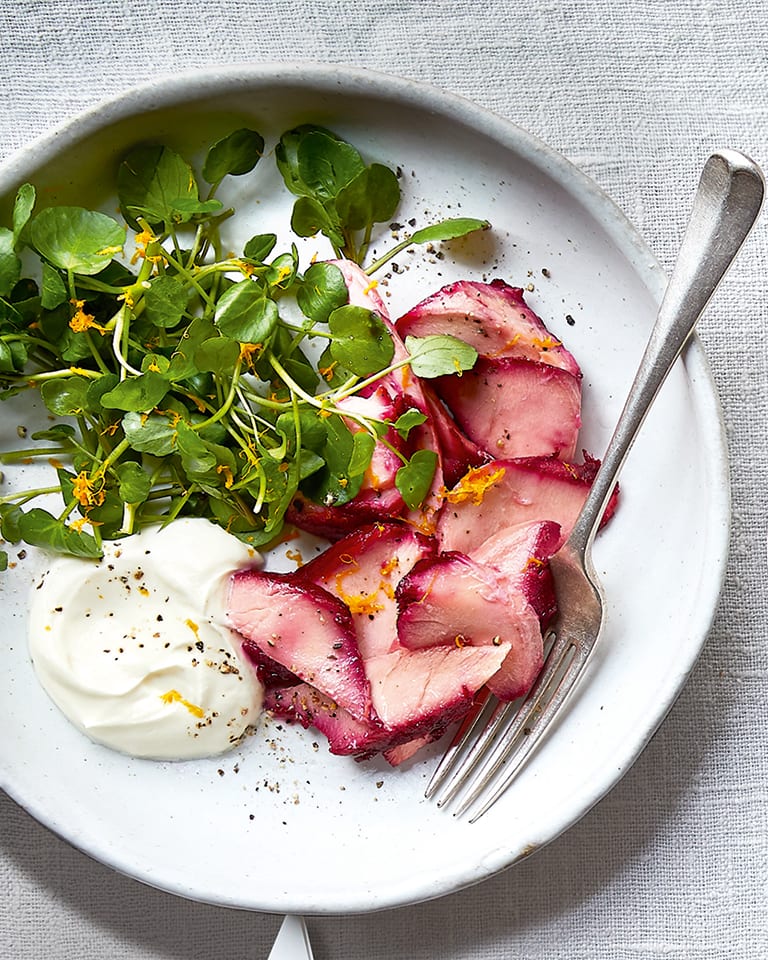 Beetroot cured salmon with watercress
