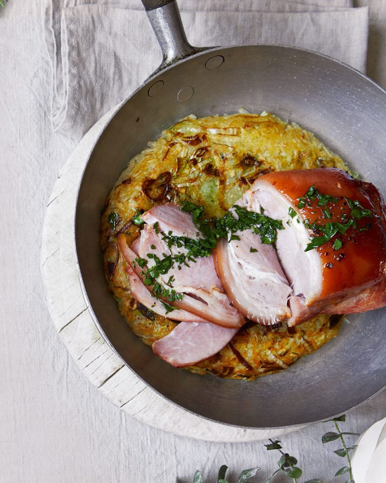 Roast gammon joint with pan rösti and parsley sauce