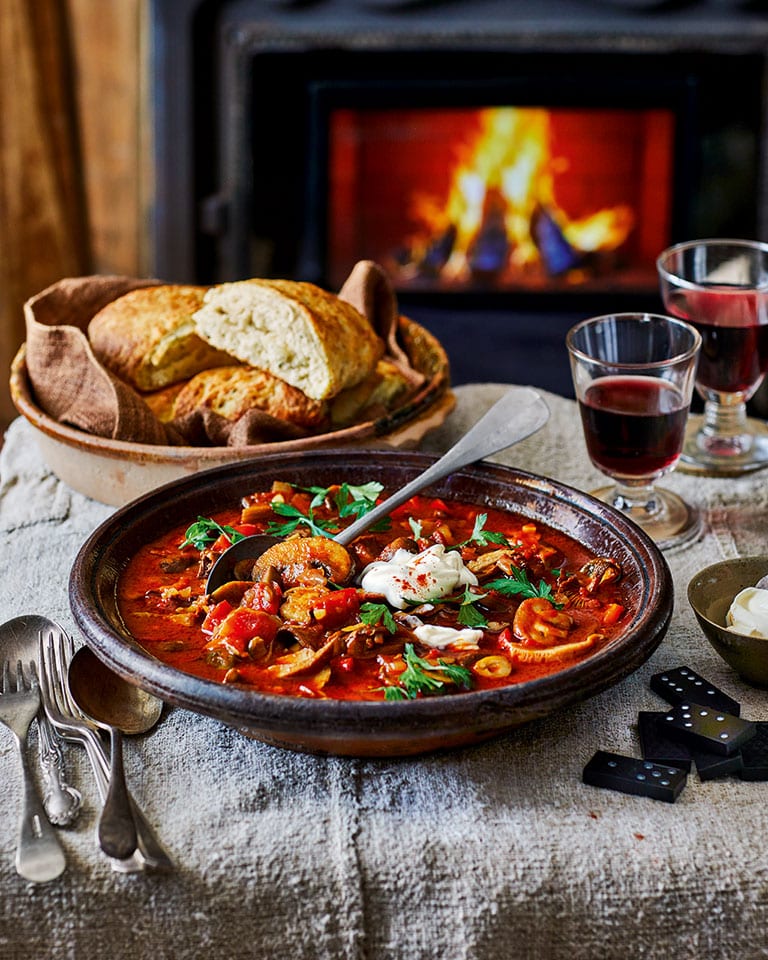 Hungarian mushroom stew with cheese and rosemary scones