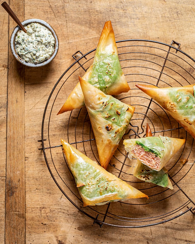 Salmon and minted pea filo parcels