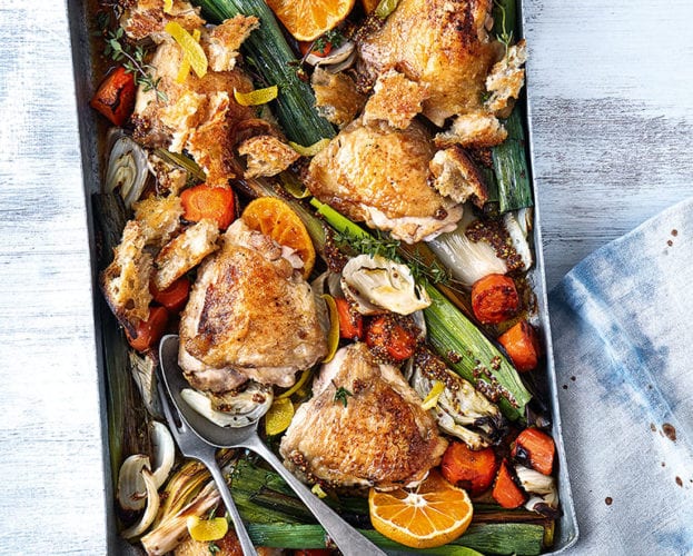 Cock-a-leekie traybake with croutons
