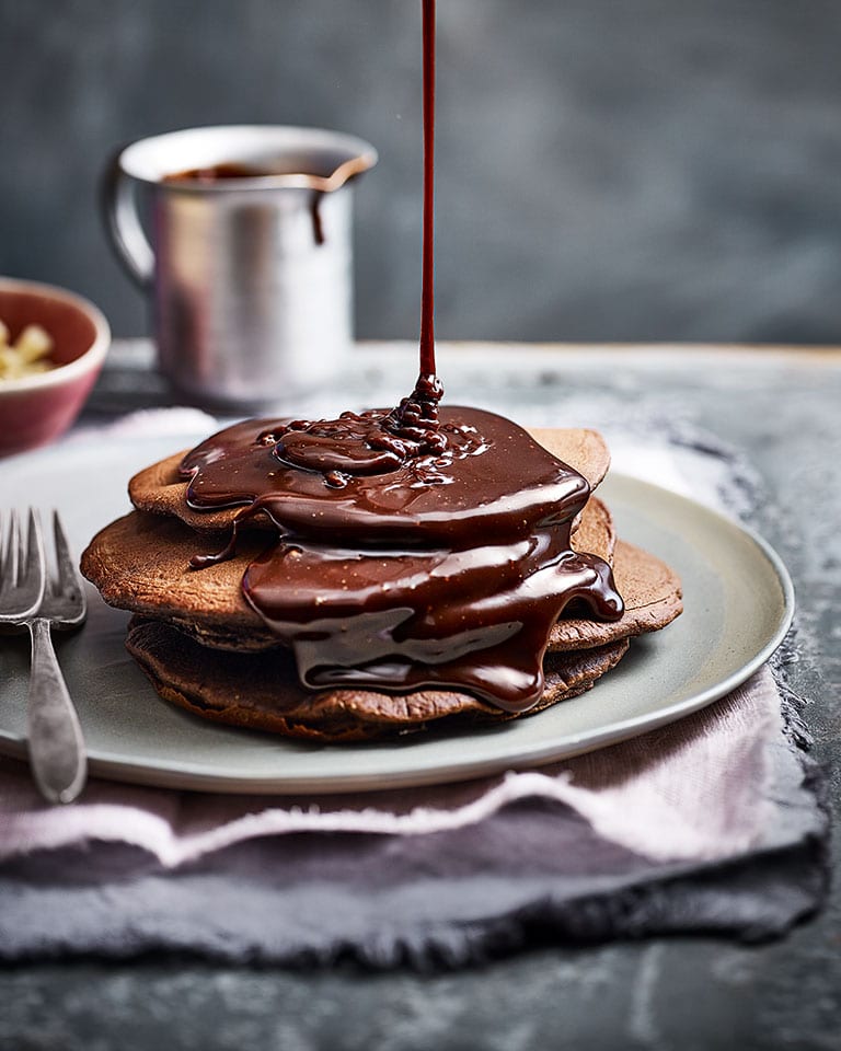 Double chocolate pancake stack