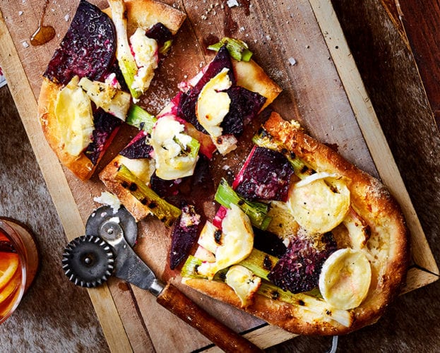 Beetroot, goat’s cheese and crème fraîche pinsa romana