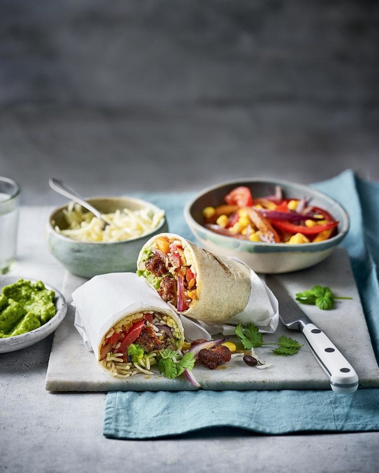 Sausage burritos with pea and avocado guacamole