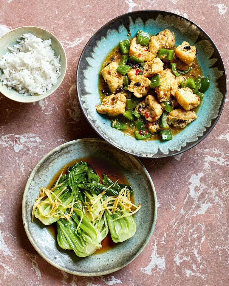 Black bean tofu and baby pak choi