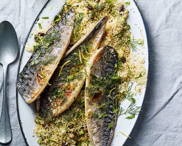 Grilled mackerel with raisin and herb couscous