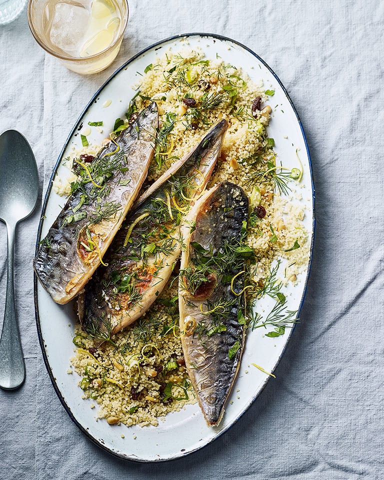 Grilled mackerel with raisin and herb couscous