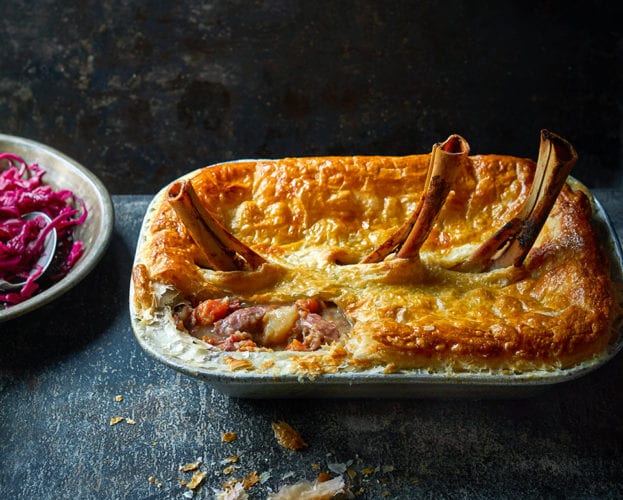 Lamb shank hotpot pie with pickled red cabbage