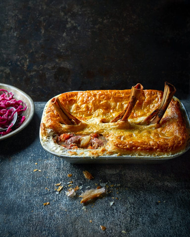 Lamb shank hotpot pie with pickled red cabbage