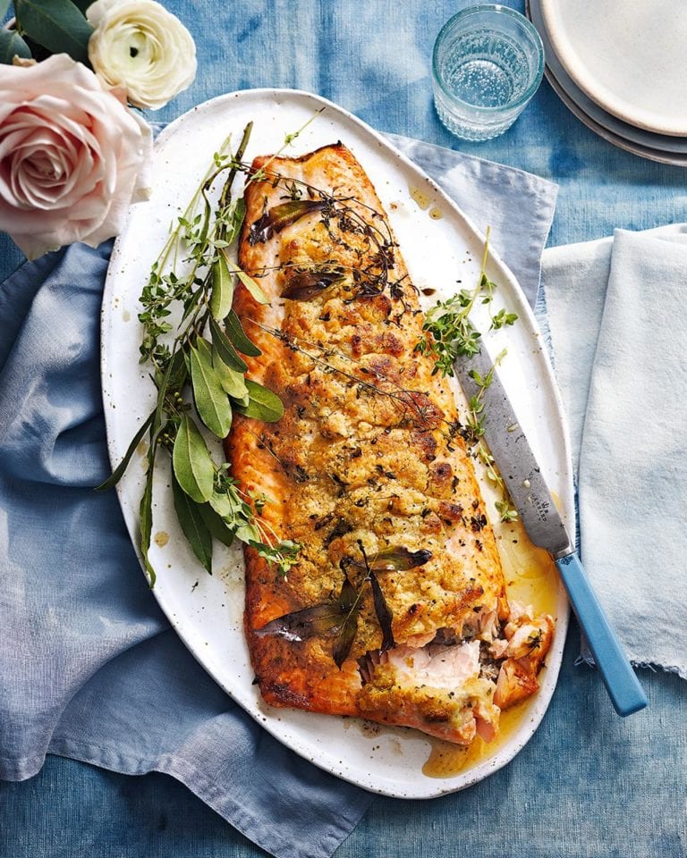 Roast salmon with craquelin pastry topping