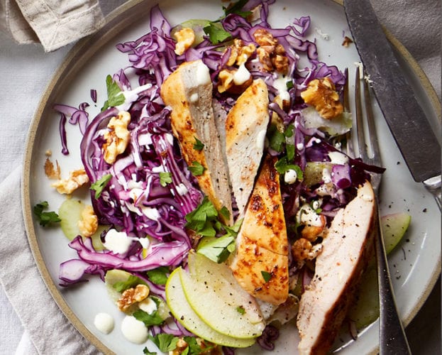 Roast chicken with red cabbage waldorf