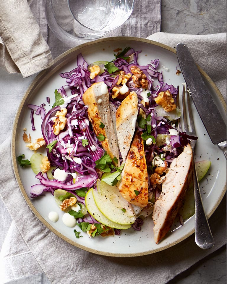 Roast chicken with red cabbage waldorf