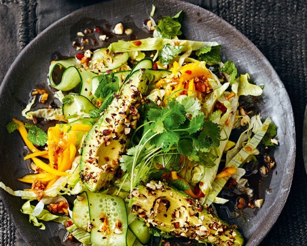 Nutty avocado and mango salad with soy and lime dressing