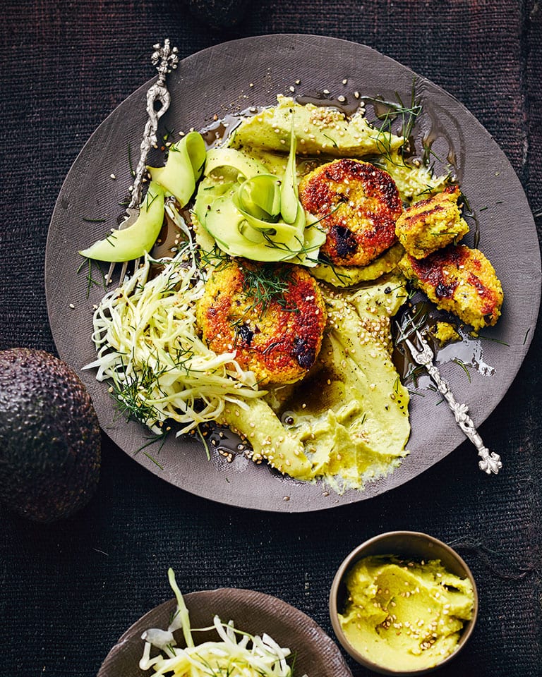 Couscous patties with avocado cream and slaw