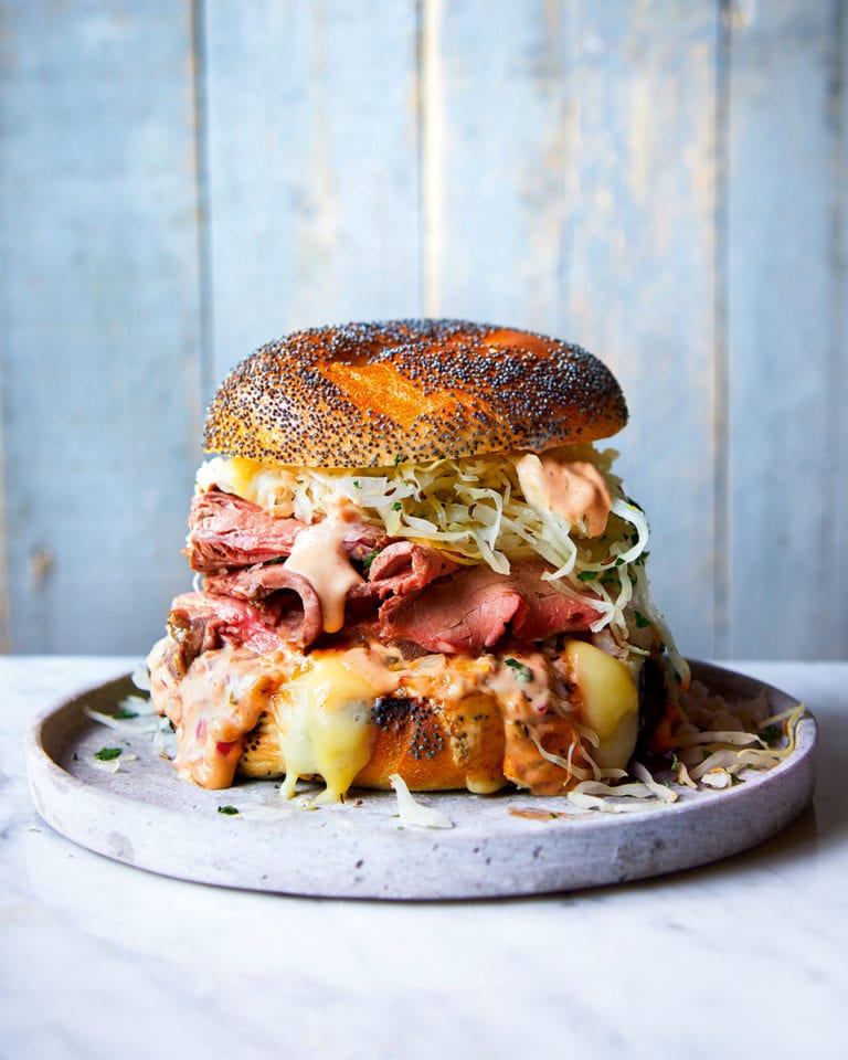 Reuben-style roast beef bagel