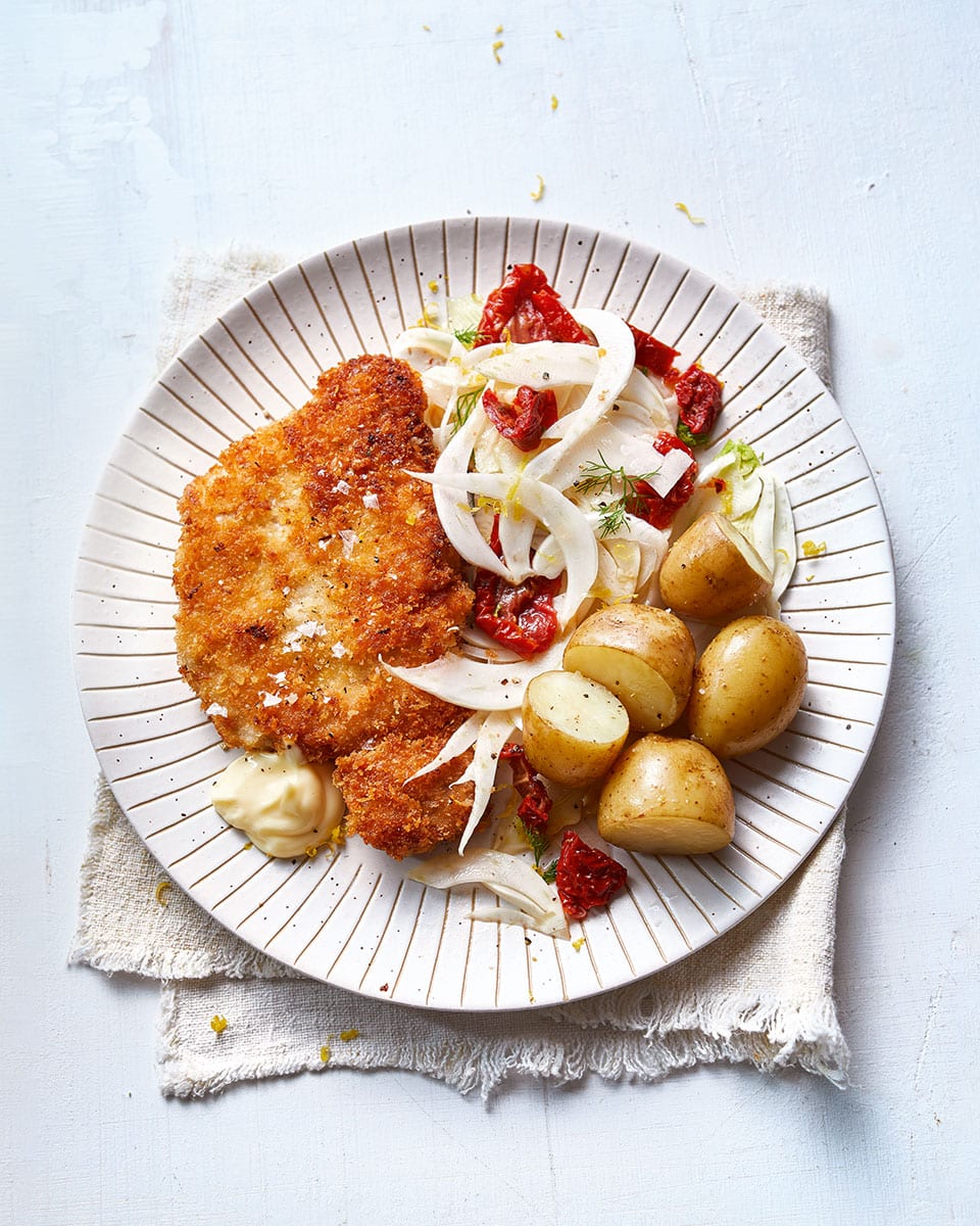 Pork schnitzel with new potatoes and fennel salad delicious. magazine
